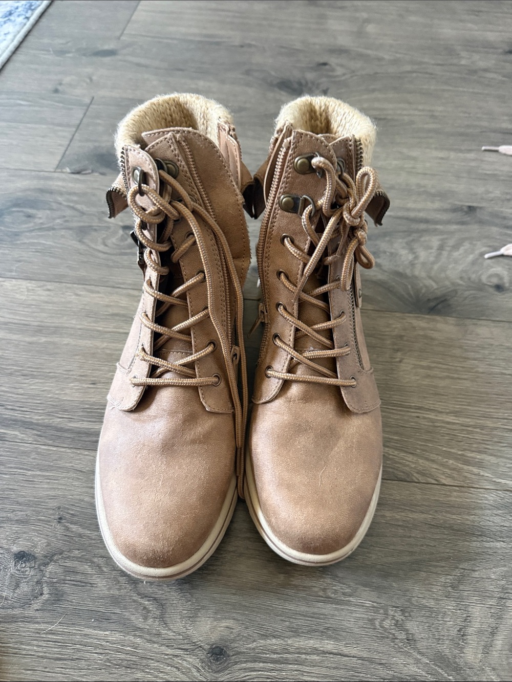 Cliffs by WHITE MOUNTAIN Tan Lace-Up Faux Fur Ankle Boots